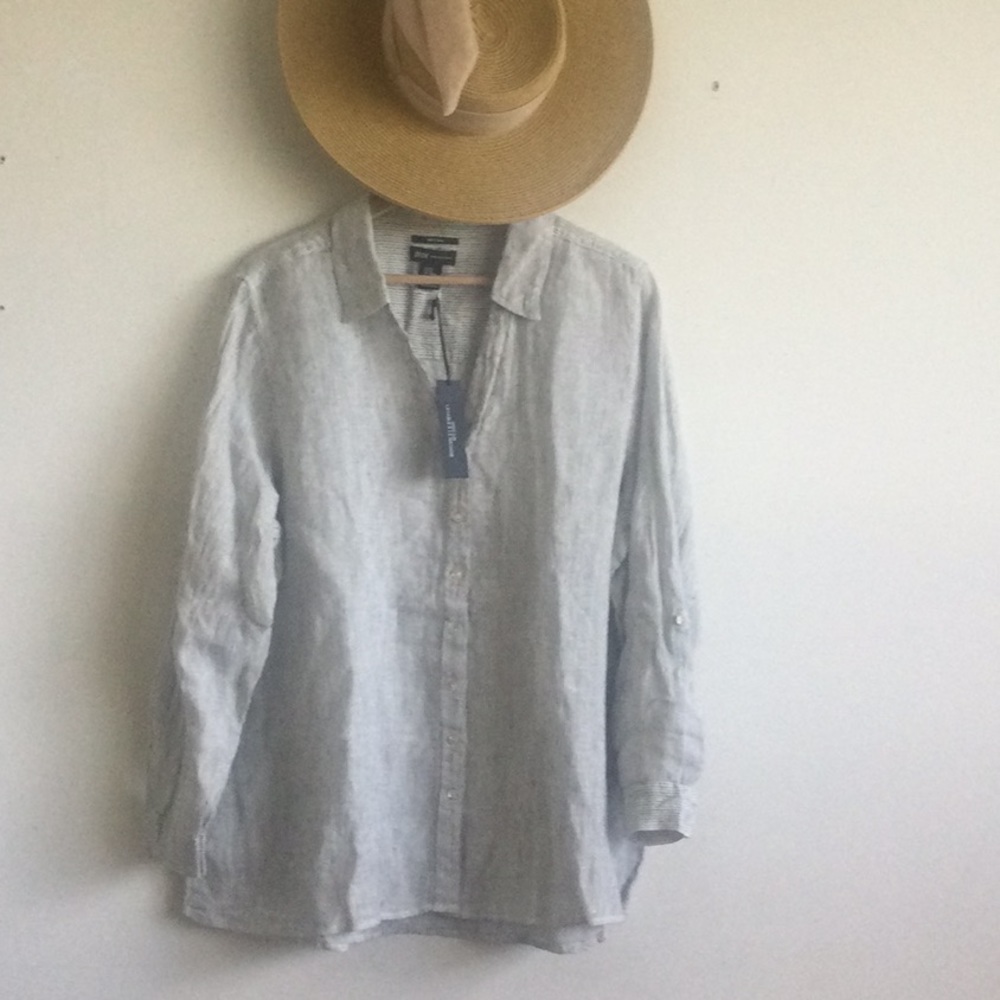 JONES NEW YORK 100% LINEN MOTHER OF PEARL BUTTONS ROLL TAB STRIPED SHIRT…